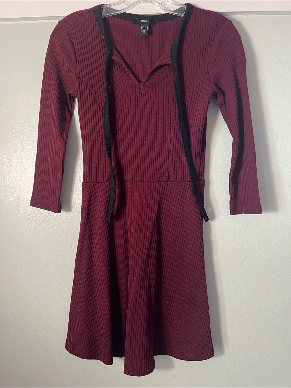 Forever 21 Girls Wine Ribbed Knit Dress with Black Hood Ties